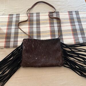 Brown Fringe Leather and Cowhide Crossbody Bag